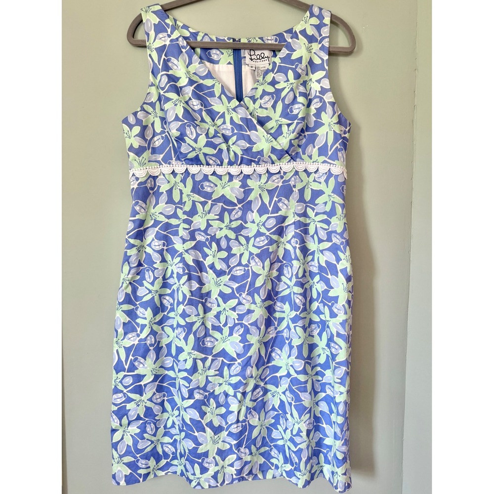Vintage Lilly Pulitzer Ladybug Picnic Floral Dress Blue Green Cotton Size 12